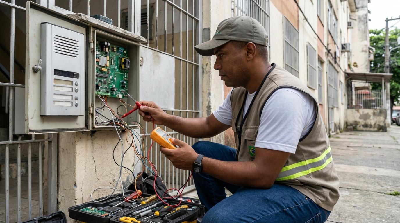 Eletricista consertando interfone em Ipatinga‑MG