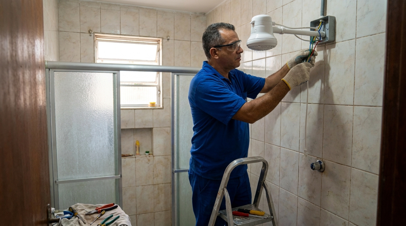 Eletricista instalando chuveiro eletrico em Ipatinga‑MG