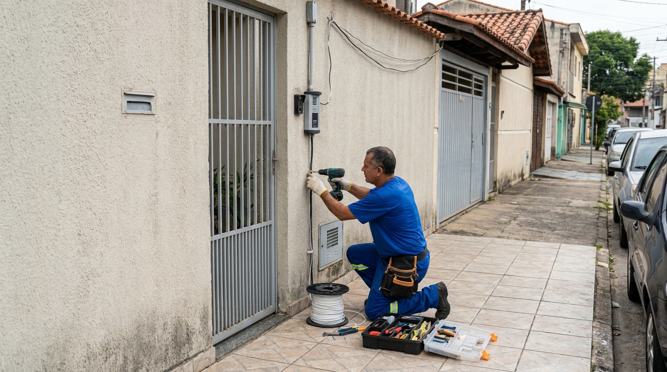 Eletricista instalando interfone em Ipatinga‑MG
