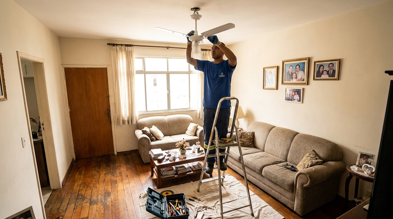 Eletricista instalando ventilador de teto em Ipatinga‑MG